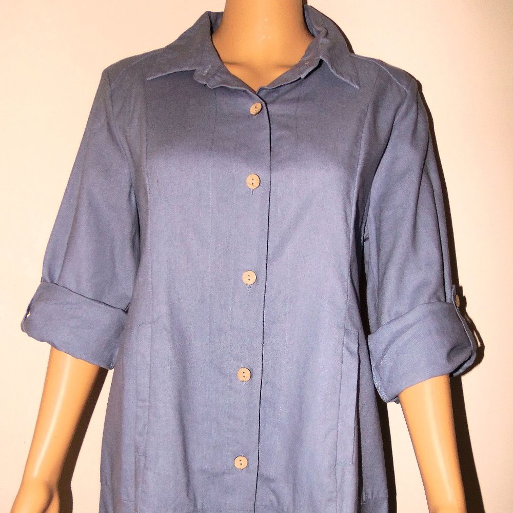 Simply Noelle Button Front Shirt with Cuff Sleeves - PIGEON BLUE
